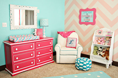 Lila's Pink and Turquoise Nursery Dresser Wall