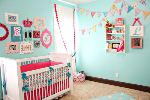 Lila's Pink and Turquoise Nursery Bunting Flag Wall