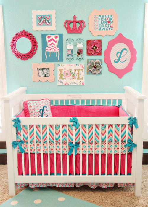 Lila's Pink and Turquoise Nursery Crib Up Close