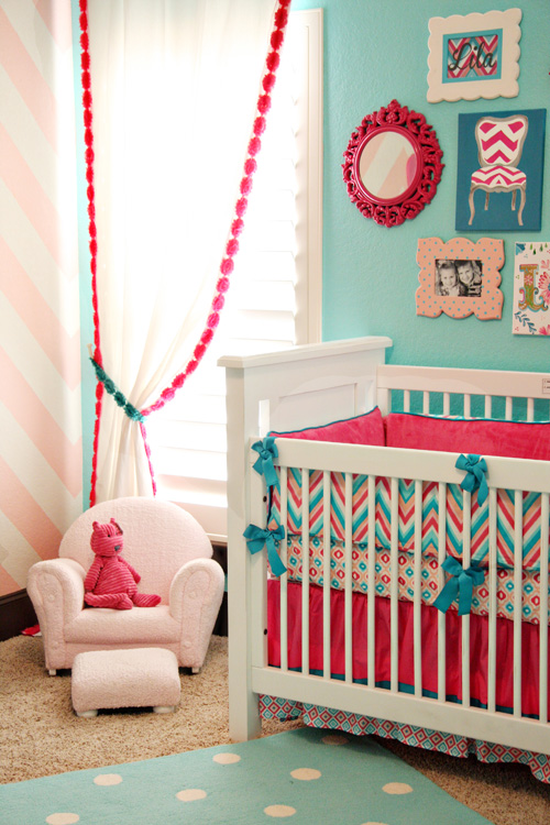 Lila's Pink and Turquoise Nursery Crib in Detail