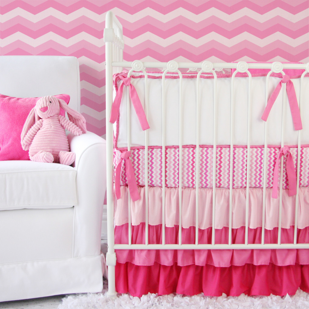 Pink Ruffled Chevron Crib Bedding