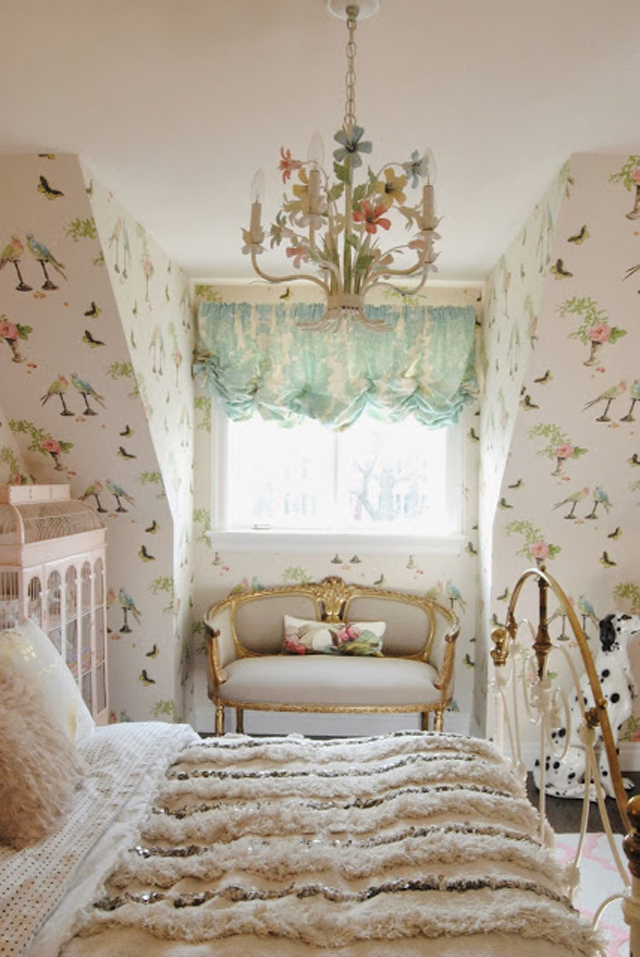 Feminine Big Girl's Room with Floral Chandelier