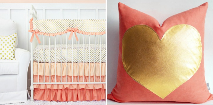 Coral and Gold Baby Bedding and Accent Pillow