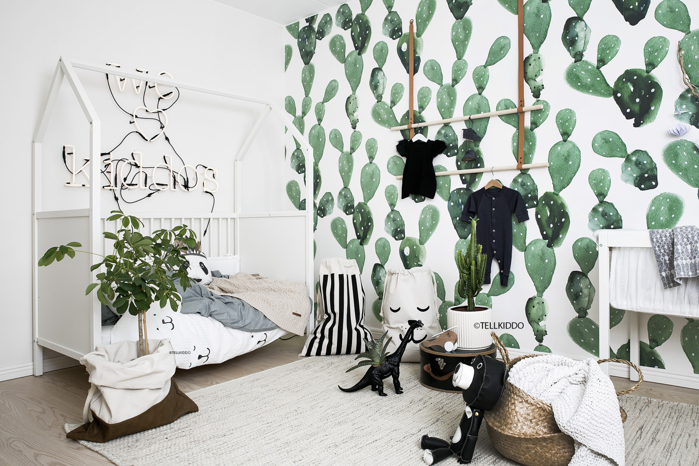 Tellkiddo Black and White Nursery featuring Cactus Wallpaper 