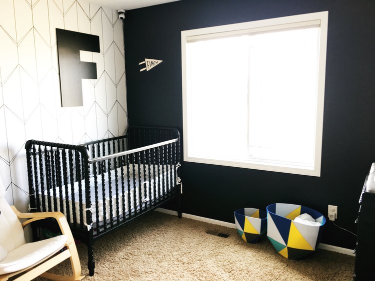 Black and White Geometric Modern Nursery with Sharpie Paint Pen Accent Wall