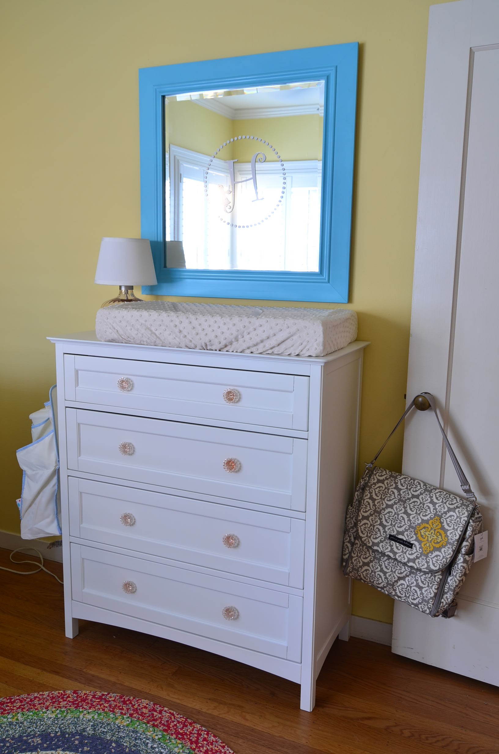 White Dresser with Blue Framed Mirror