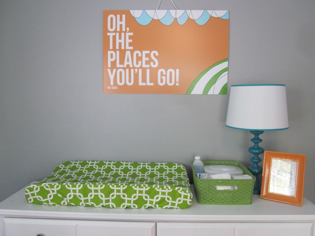 Bright and Modern Orange, Turquoise, Gray Nursery with Green Changing Pad