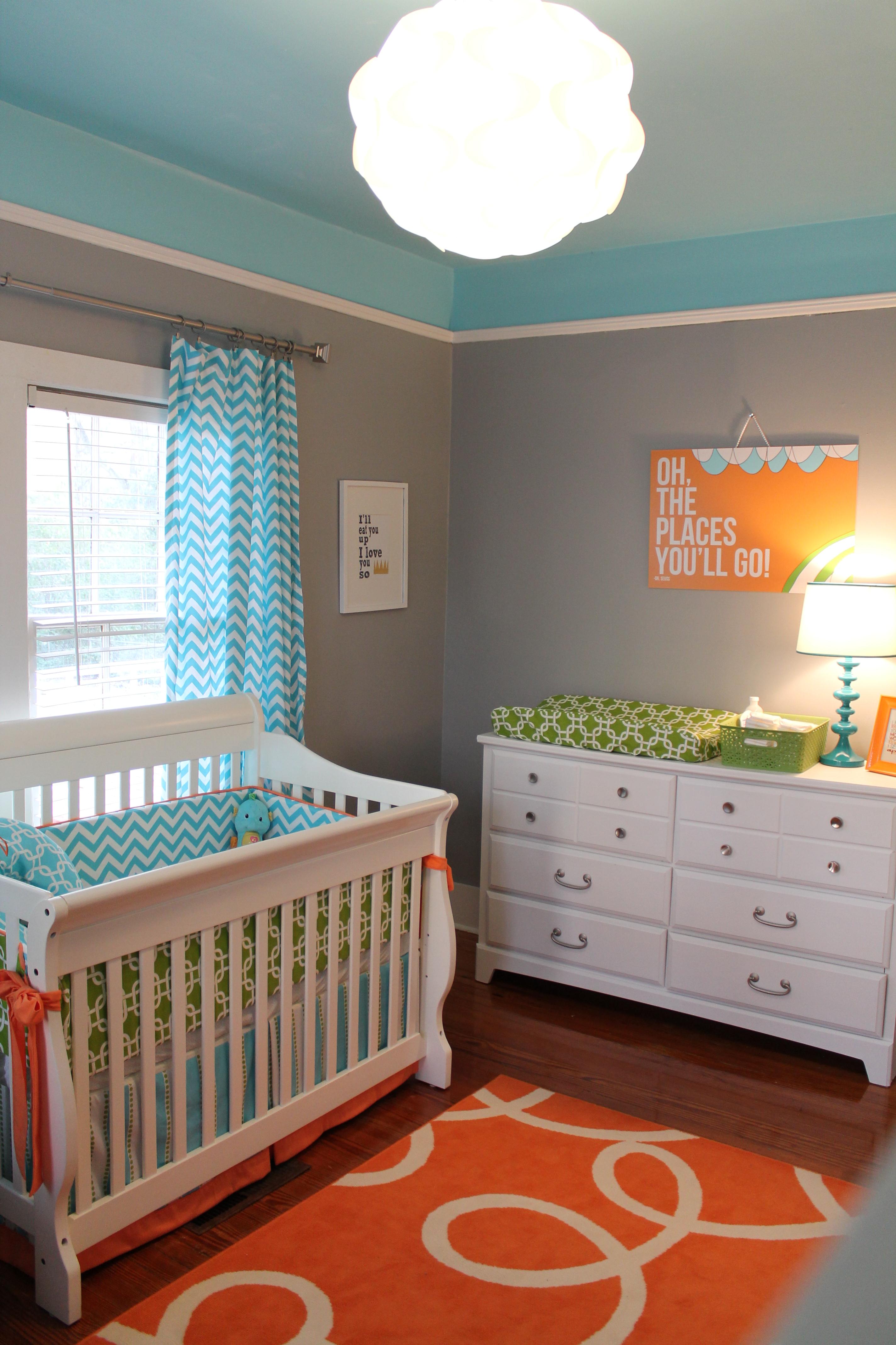 Bright and Modern Orange, Turquoise, Gray Nursery Crib View