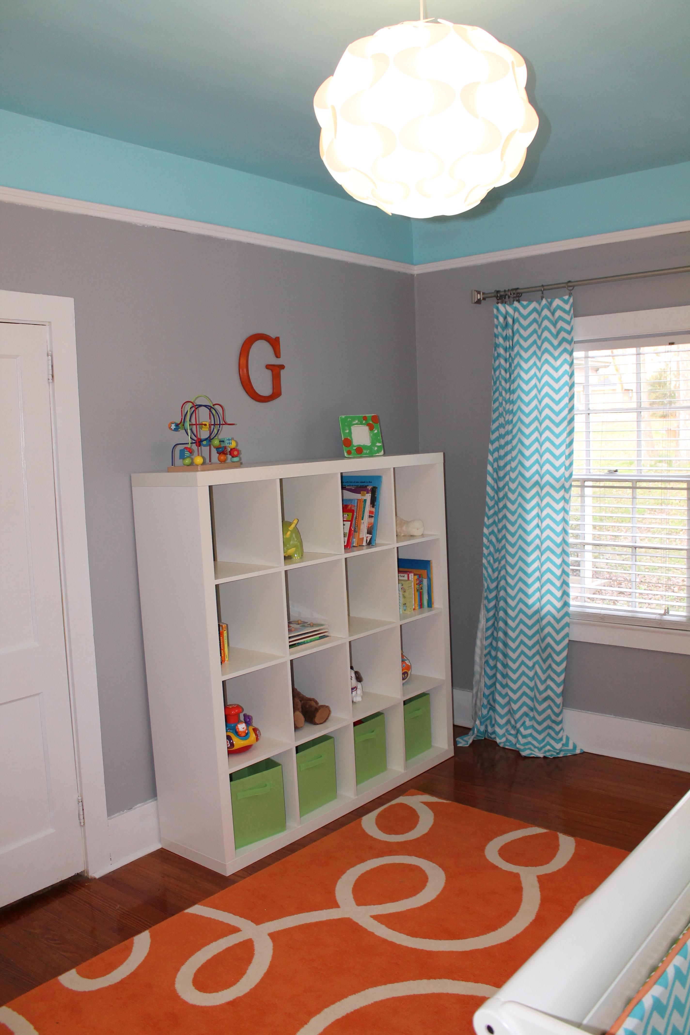 Bright and Modern Orange, Turquoise, Gray Nursery Bookshelf