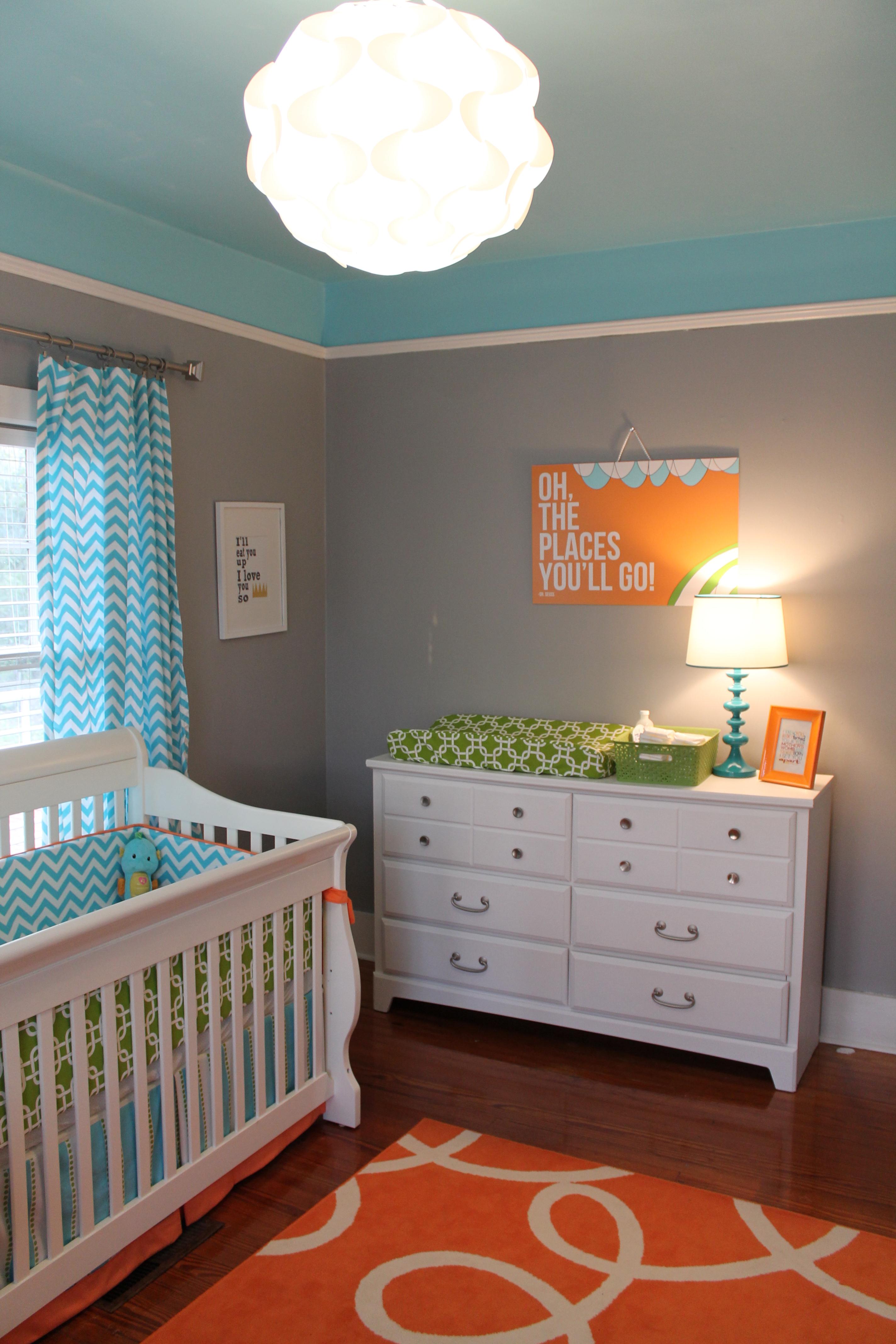Bright and Modern Orange, Turquoise, Gray Nursery Room View