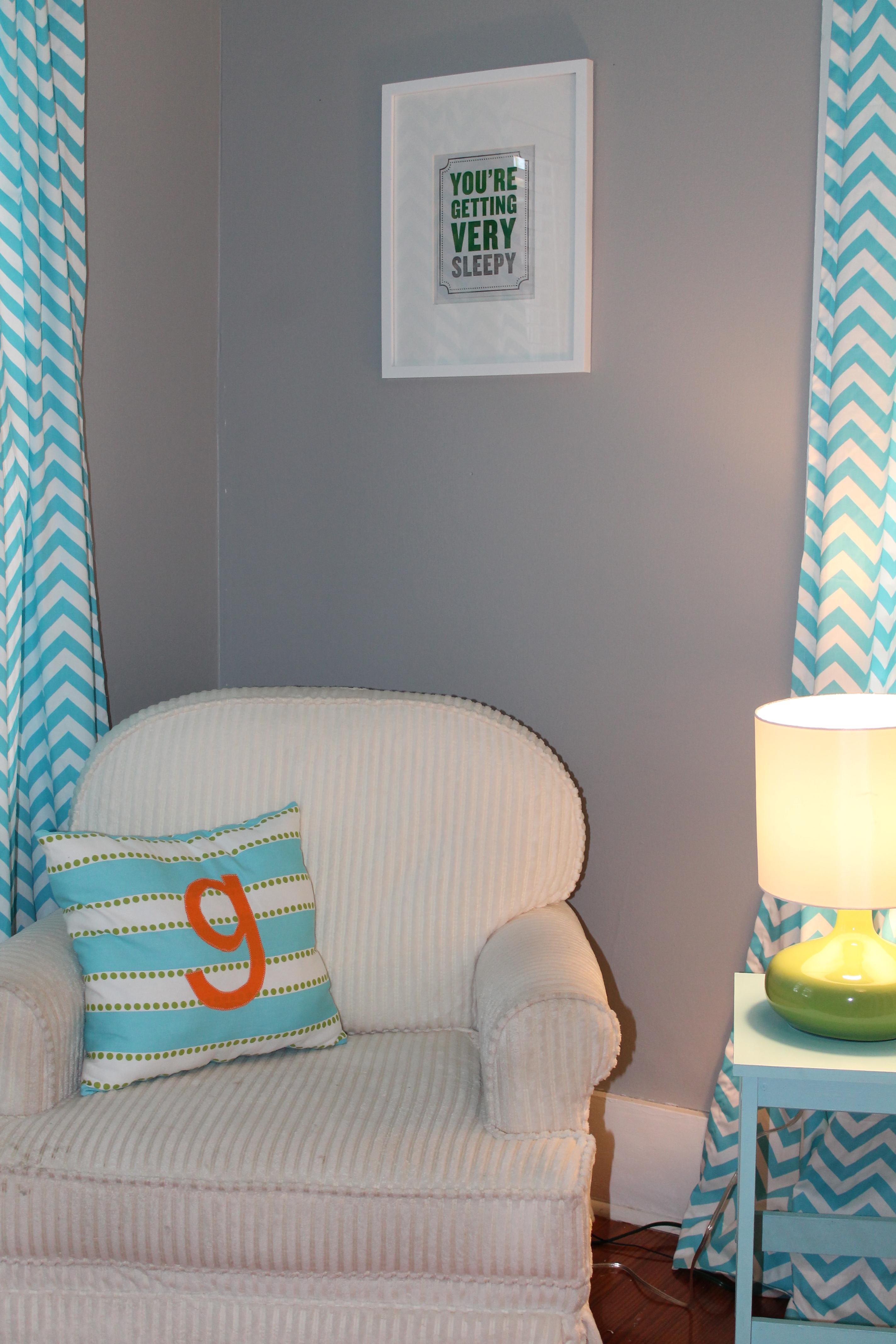 Bright and Modern Orange, Turquoise, Gray Nursery Glider and Chevron Curtains
