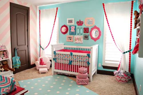 Lila's Pink and Turquoise Nursery Crib and Gallery Wall