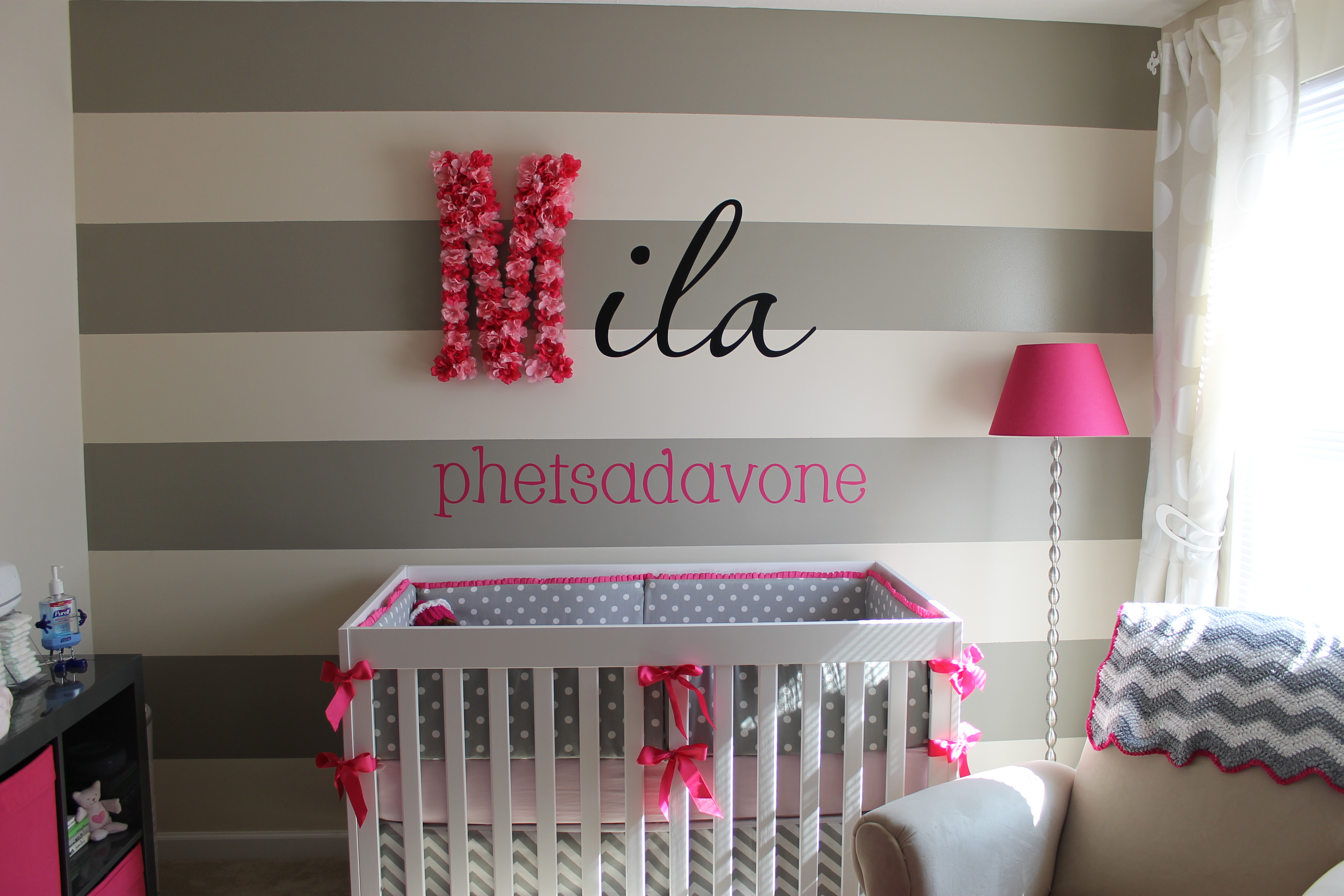 Cherry Blossom Gray Girl Nursery Stripes