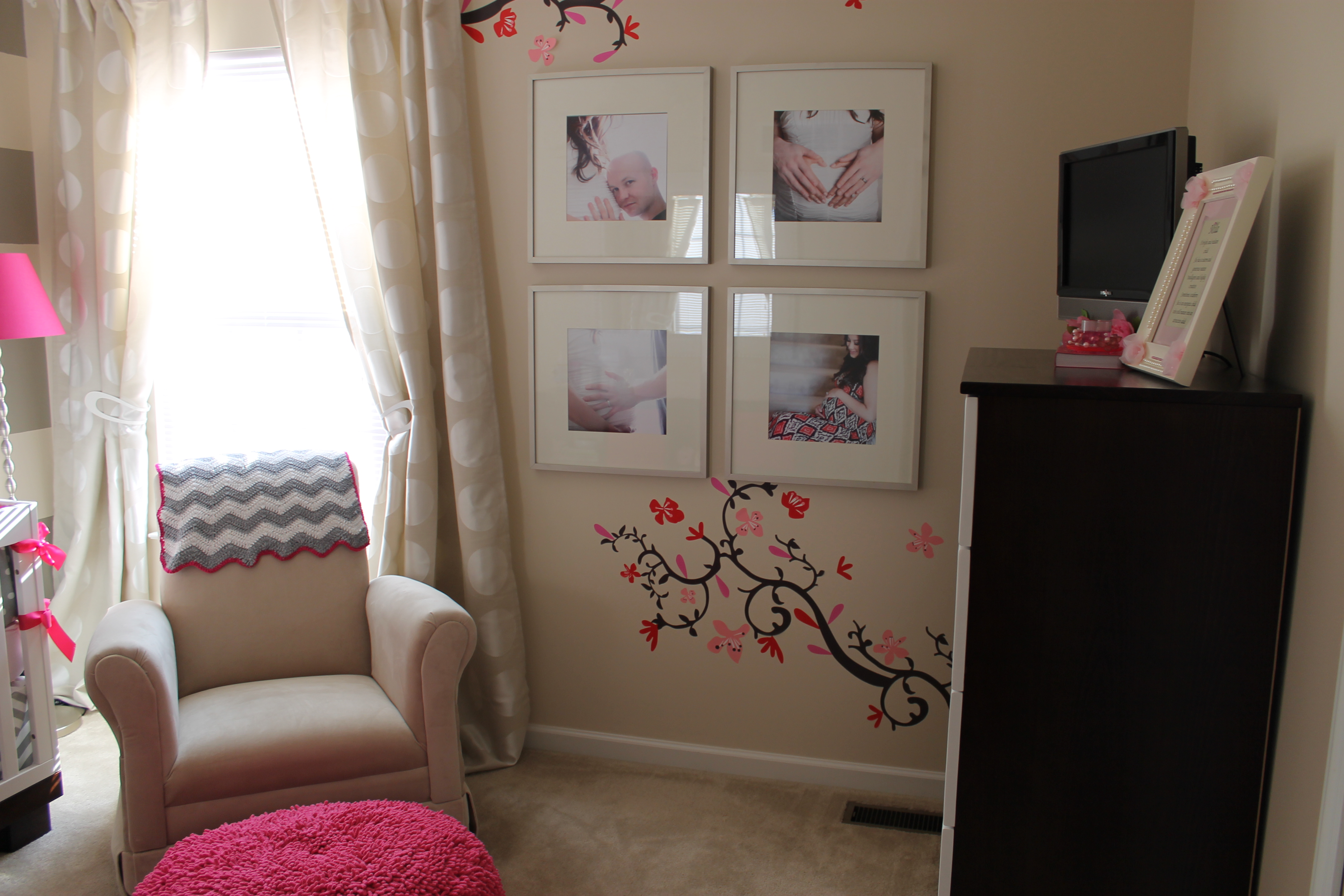 Cherry Blossom Gray Girl Nursery Wall Art and Glider