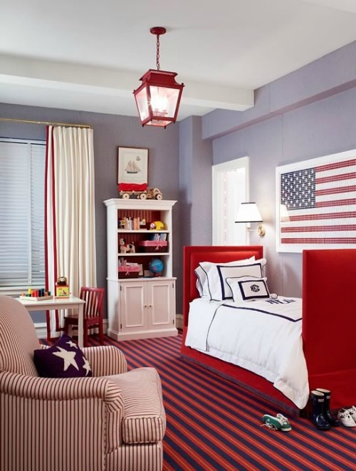 A 1940s Suburban Update  Bedroom red, Red white and blue bedroom