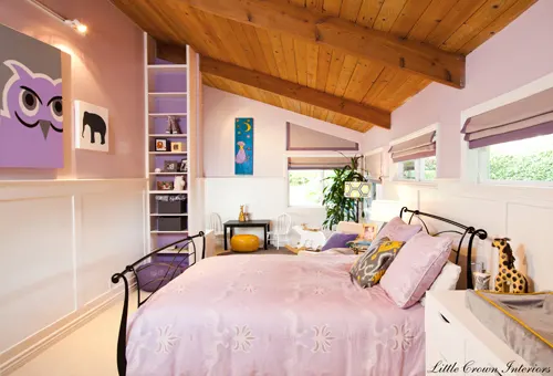 Purple Girl's Room with Slant Wood Ceiling - Project Nursery