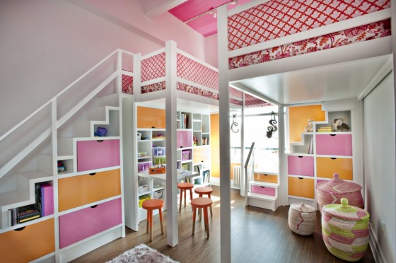 Pink and Orange Lofted Girls Room
