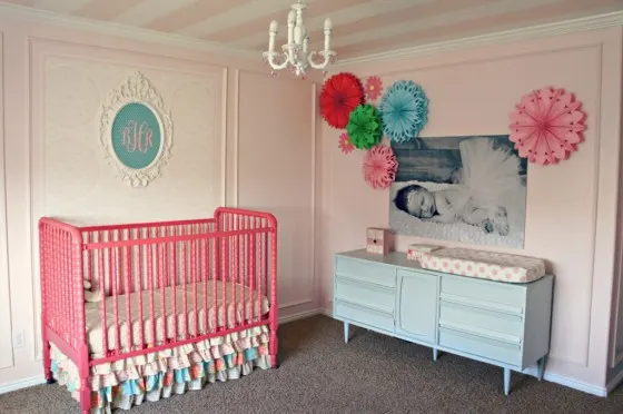 Pink and Blue Girl's Nursery with Striped Ceiling