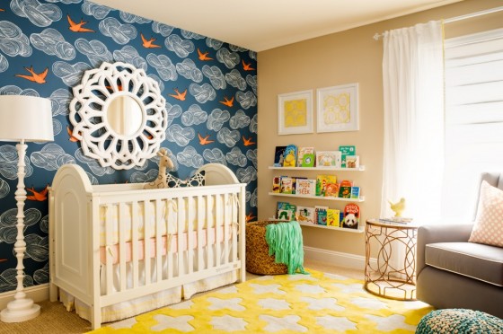 Bird Wallpaper in Blue and Yellow Nursery