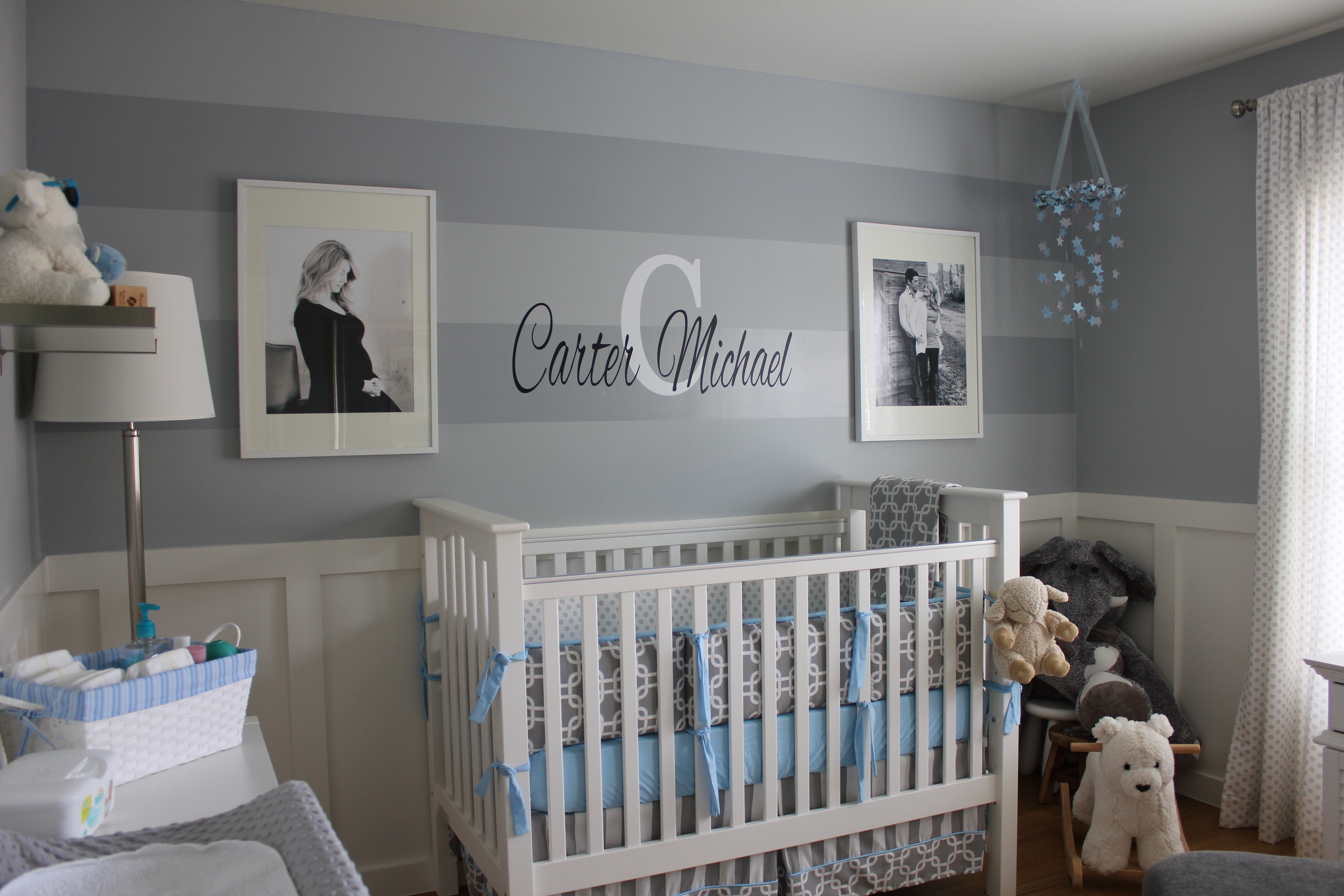 Boy Gray Striped Nursery Crib View
