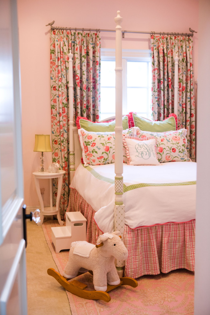 Four Poster Bed in Traditiona Pink and Green Classic Preppy Girl's Room with Floral Window Treatment