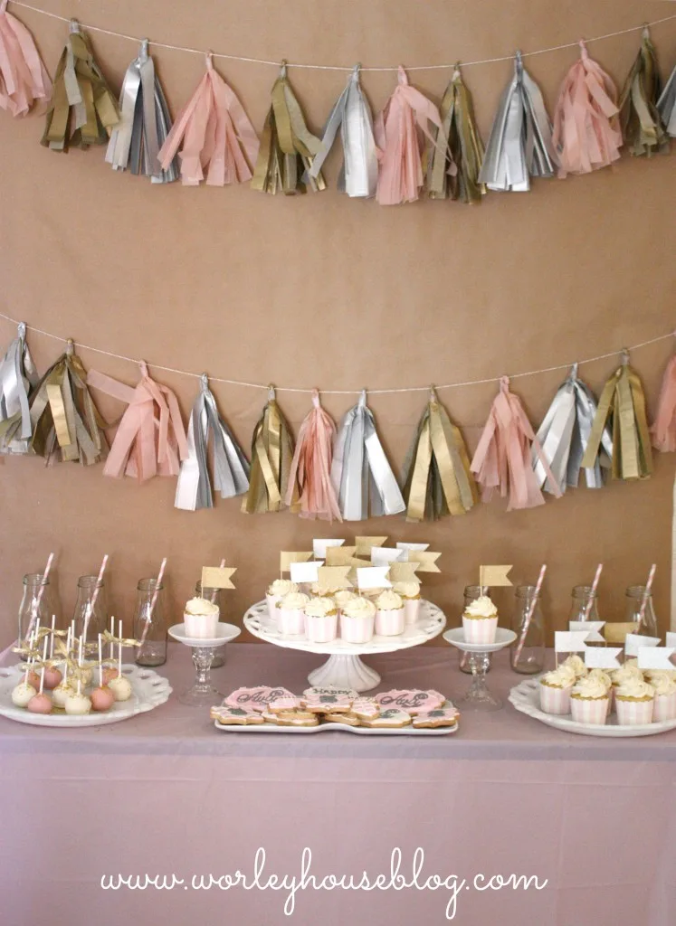 Pink and Gold Girl's Birthday Party with Tassle Banner and Dessert Table