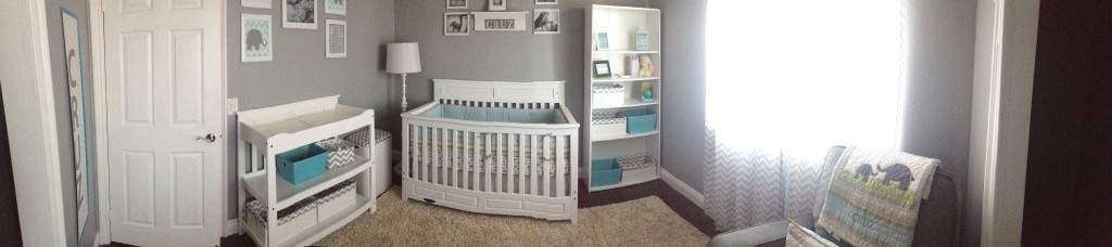 Gray and White Boy Nursery Bookshelf and Crib