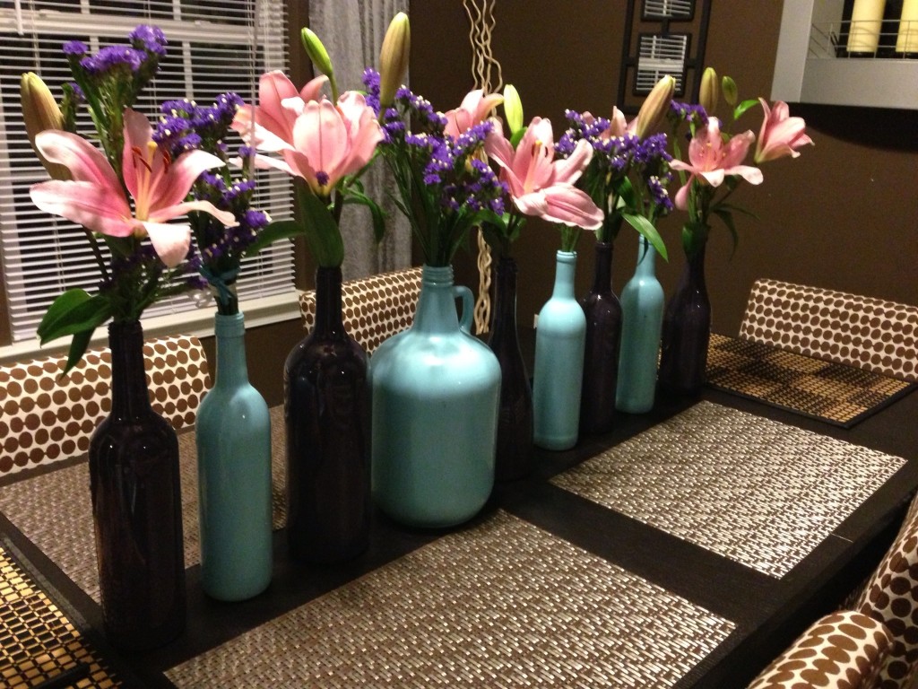 Purple and Teal Spray Painted Flower Vases