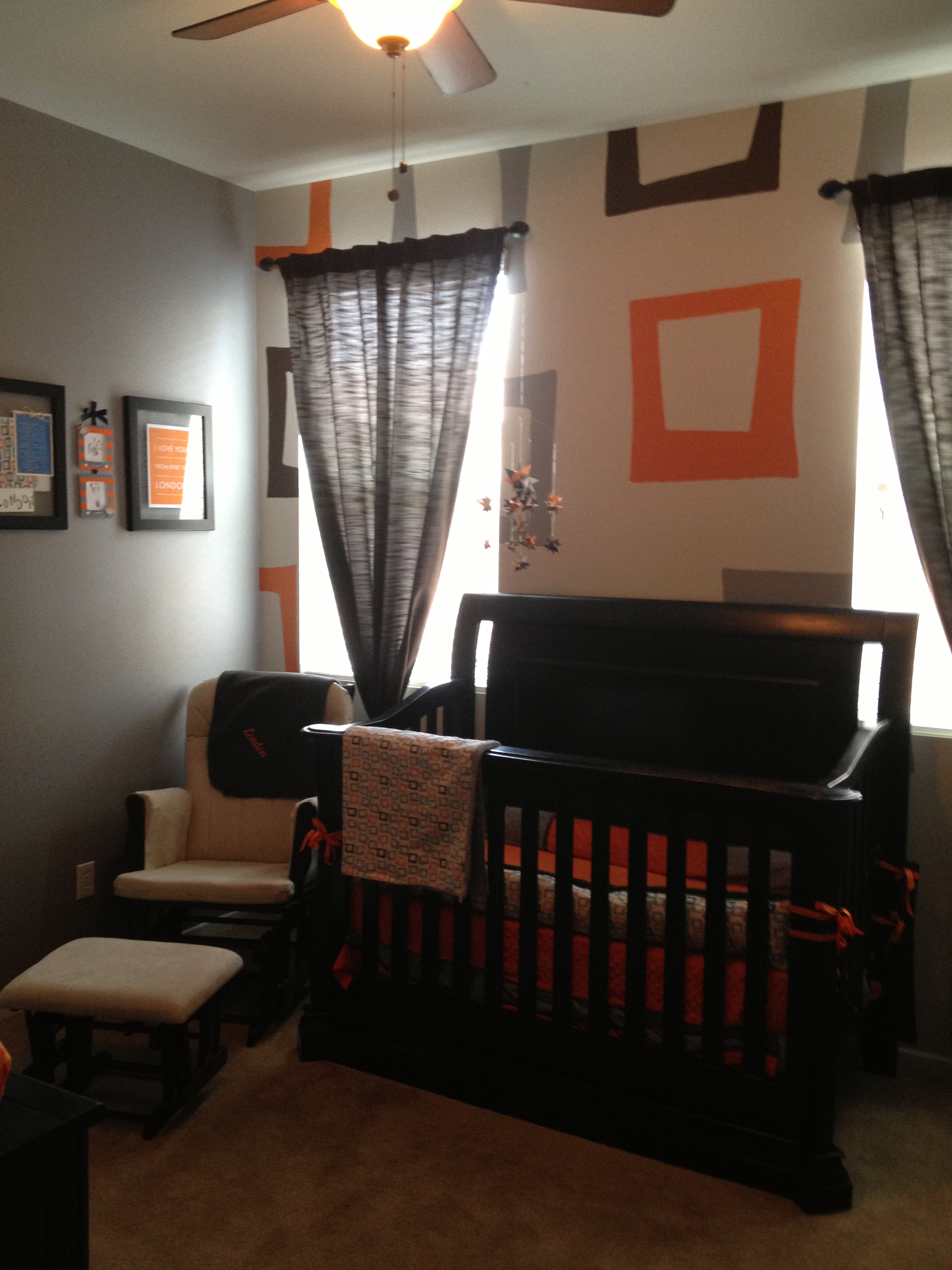 Boy Gray and Orange Nursery Drapes and Frame Wallpaper