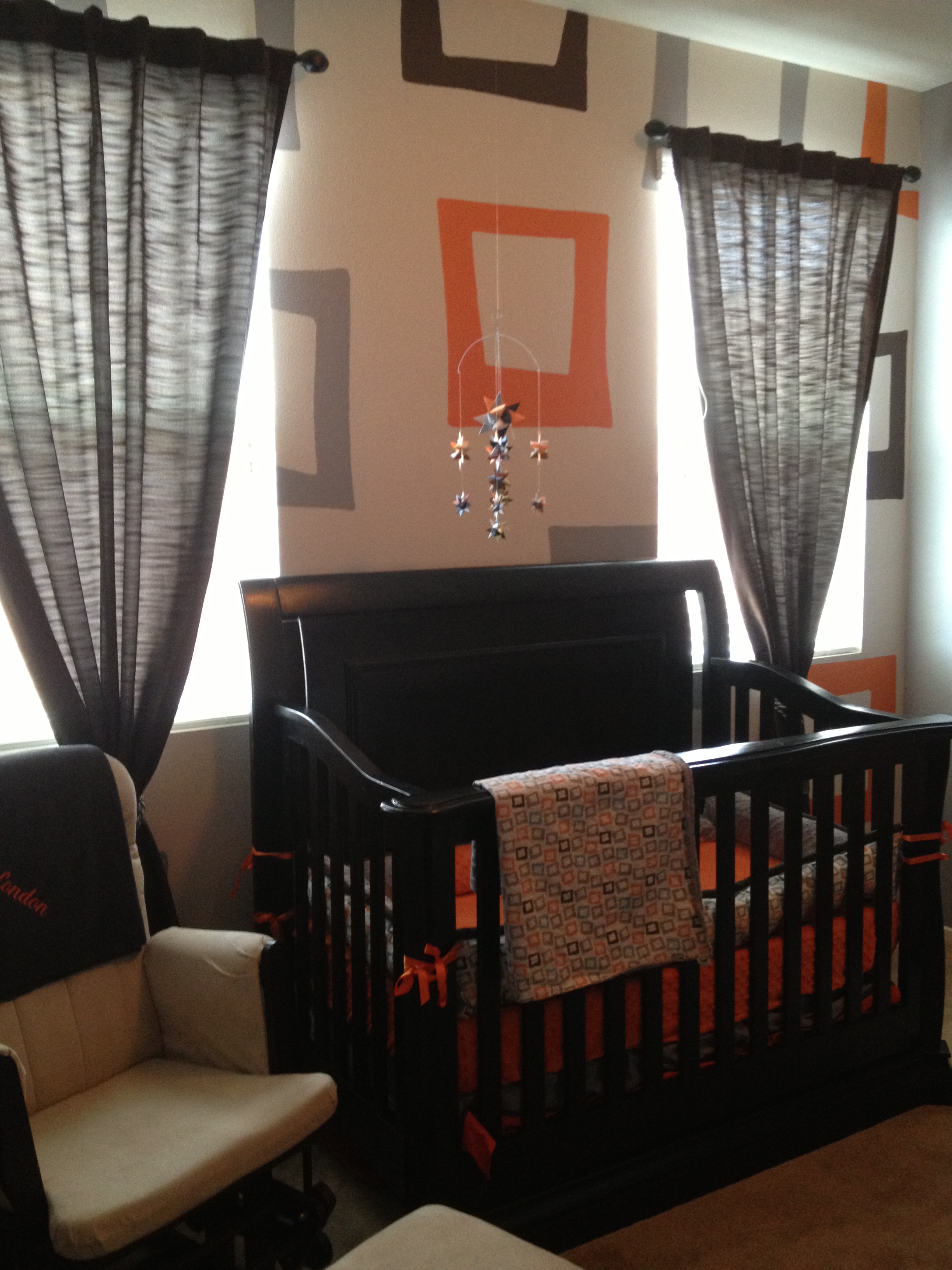 Boy Gray and Orange Nursery Drapes and Wallpaper