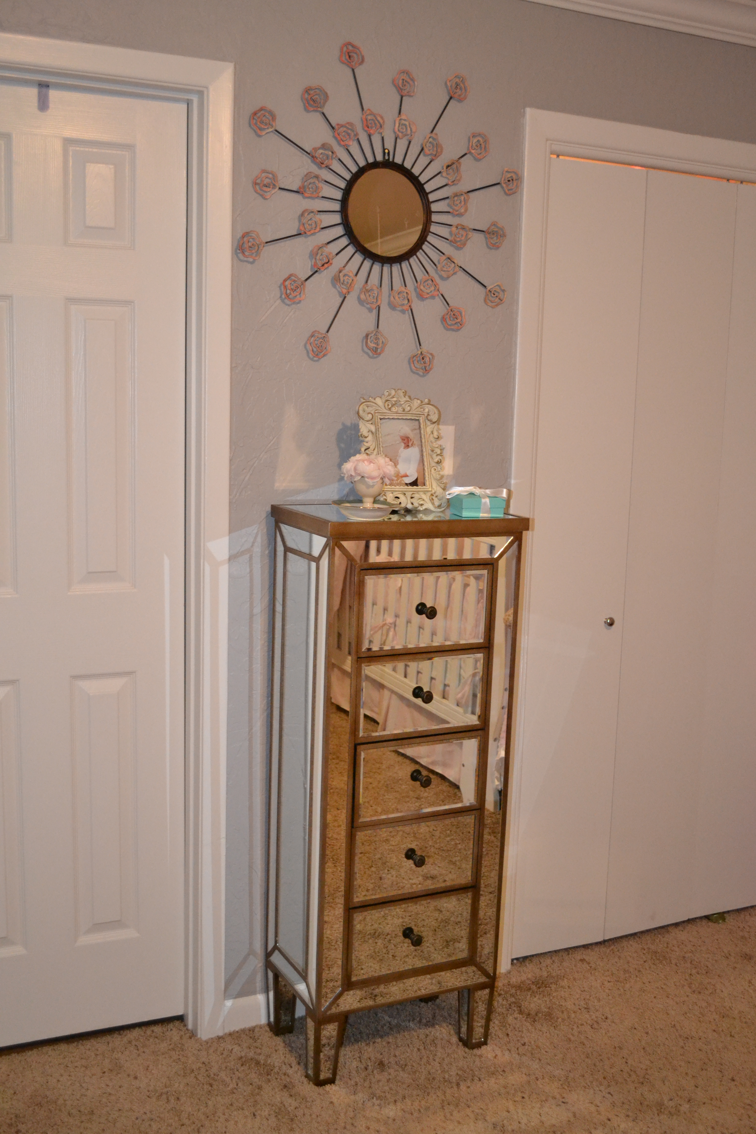 Gray and Light Pink Girl Nursery Mirror and Dresser