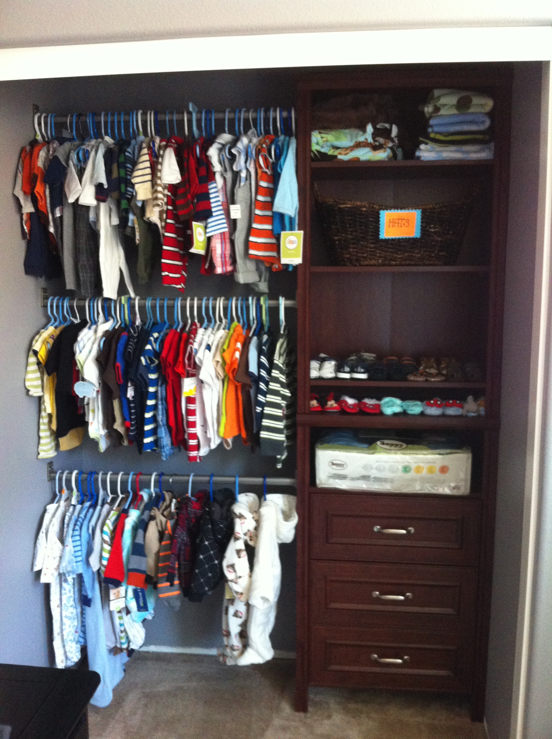 Boy Gray and Orange Nursery Closet View