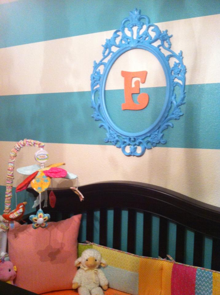 Turquoise Striped and Pink Nursery Wall Initial