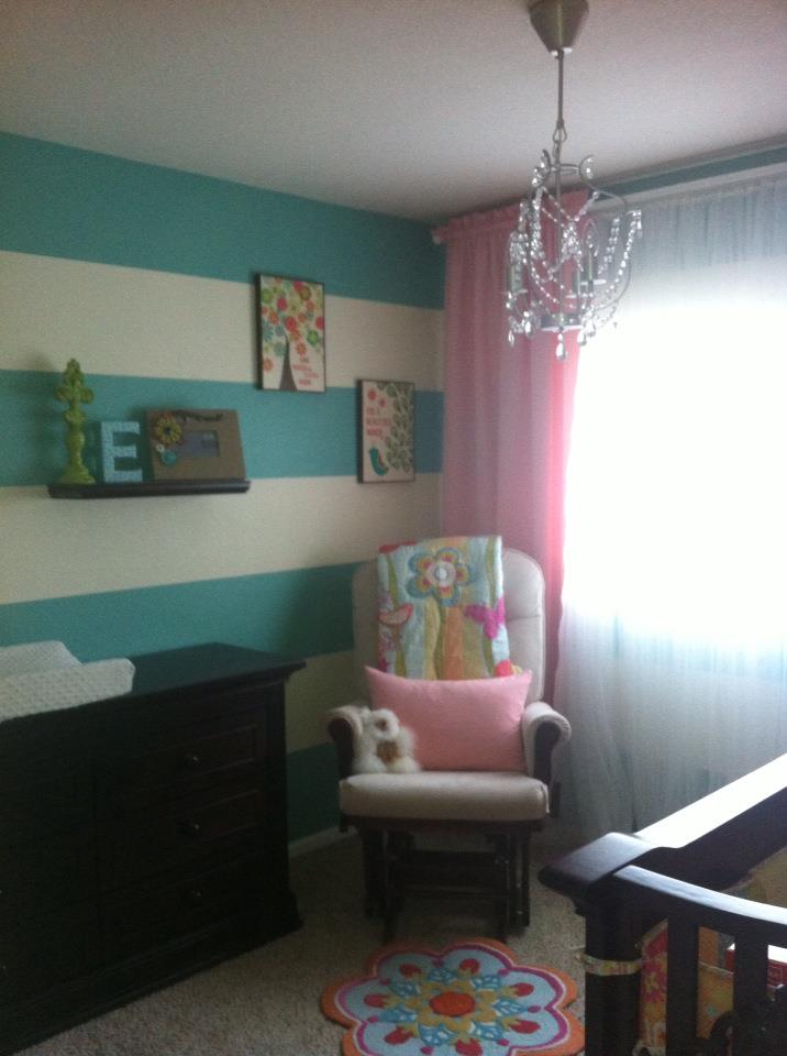 Turquoise Striped and Pink Nursery Corner of Room