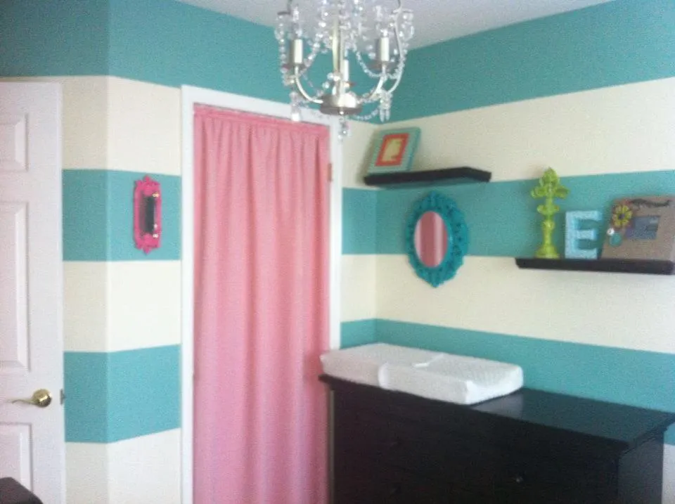 Turquoise Striped and Pink Nursery Room Corner