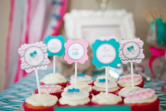 Pink and Turquoise Elephant Cupcake Toppers