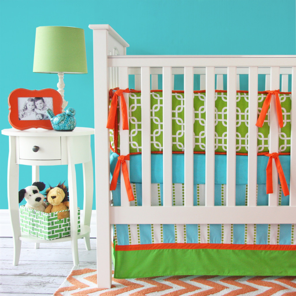 Lime, Orange and Aqua Crib Bedding