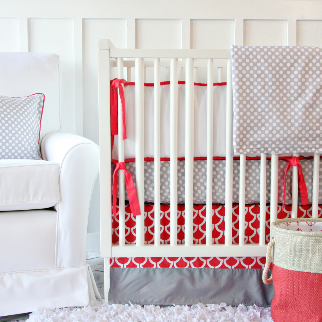 Coral and Gray Crib Bedding