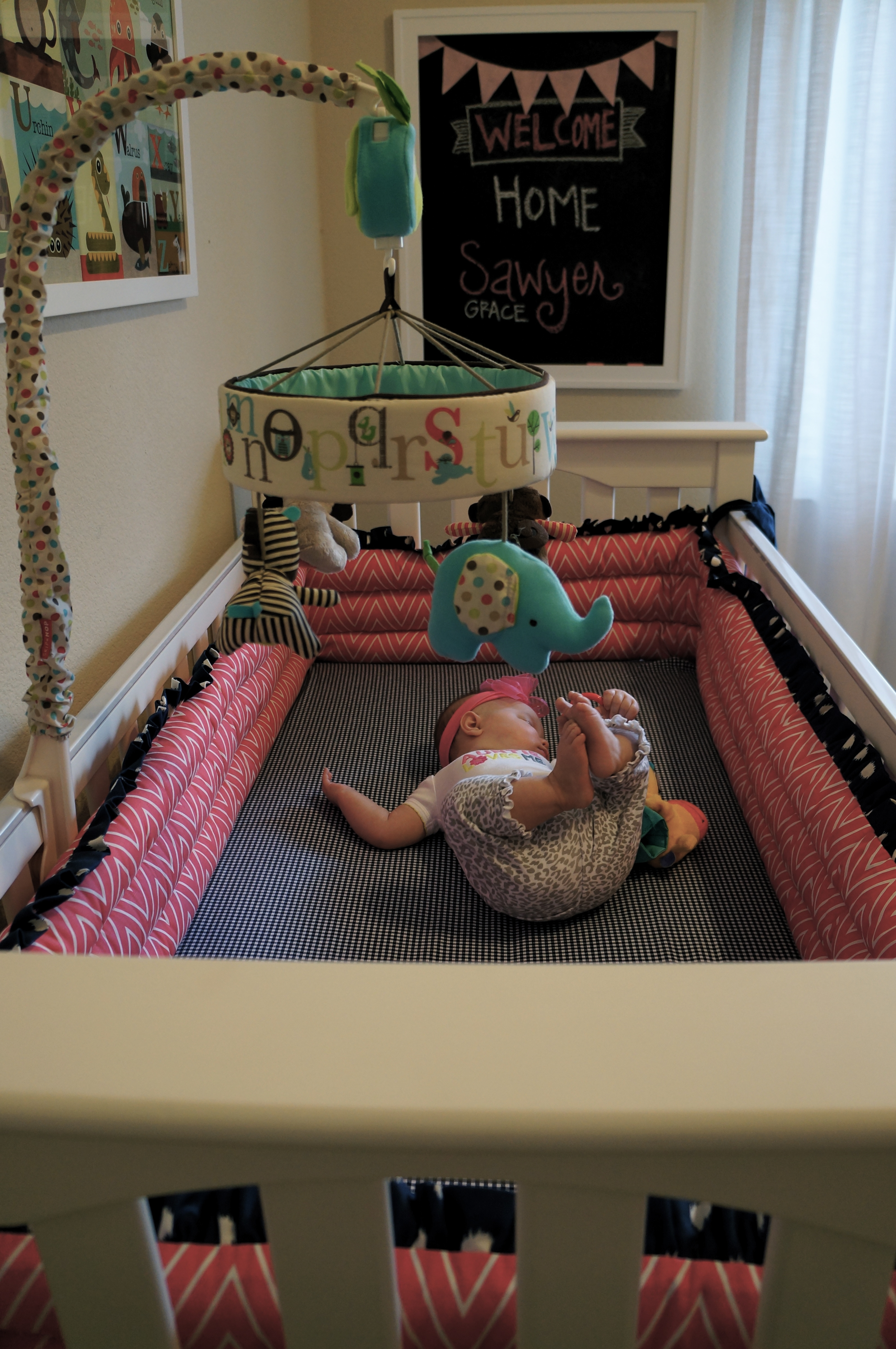 Girl Pink and Navy Nursery Baby in Crib