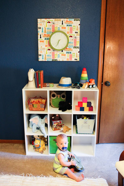 Vintage Blue Nursery Bookshelf and Wall Clock