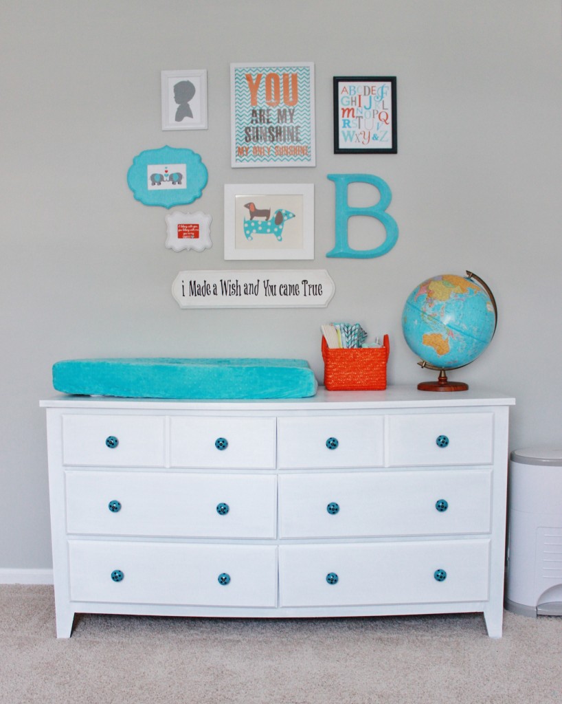 Gray Striped Orange and Aqua Nursery Changer and Gallery Wall