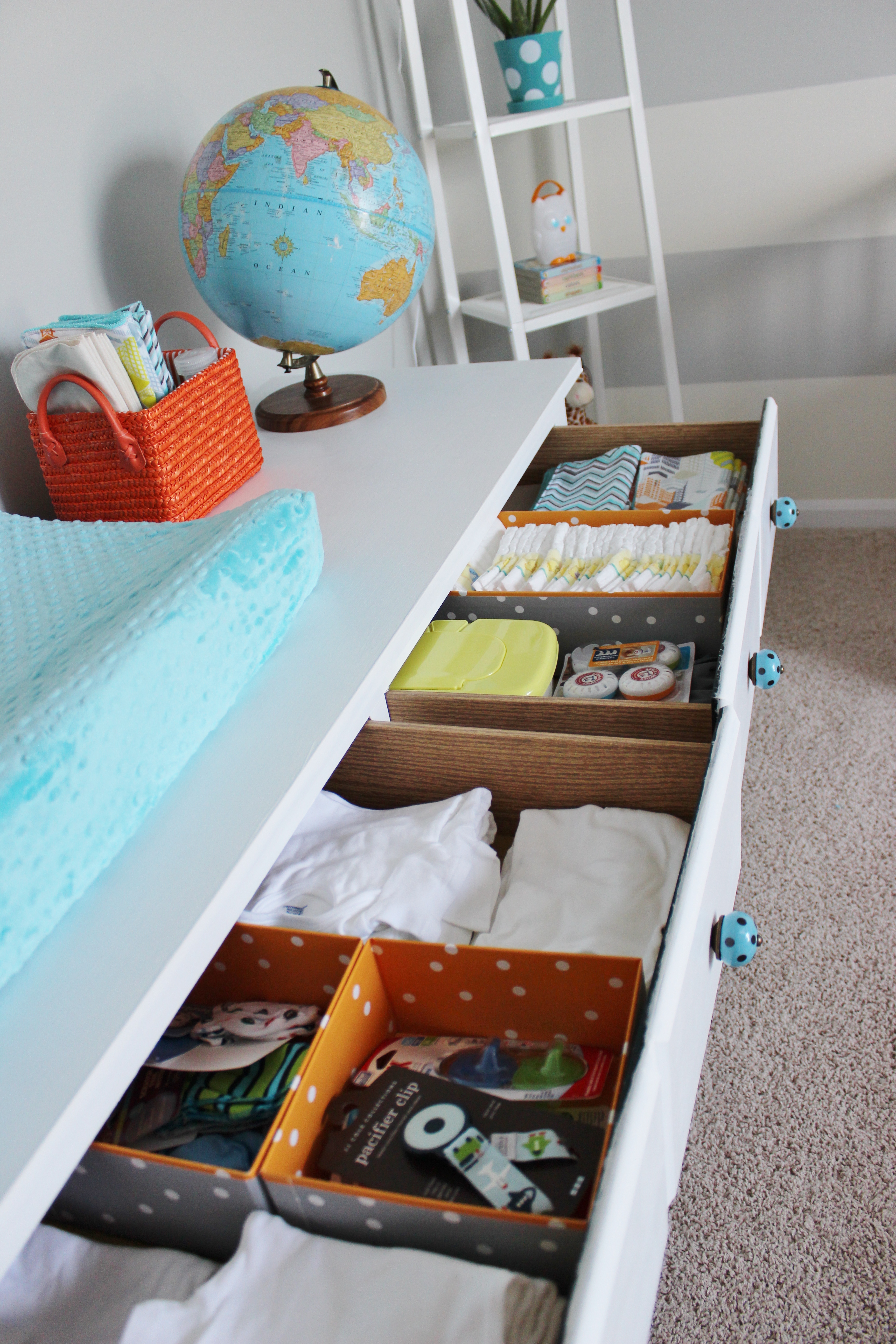 Gray Striped Orange and Aqua Nursery Storage Bins