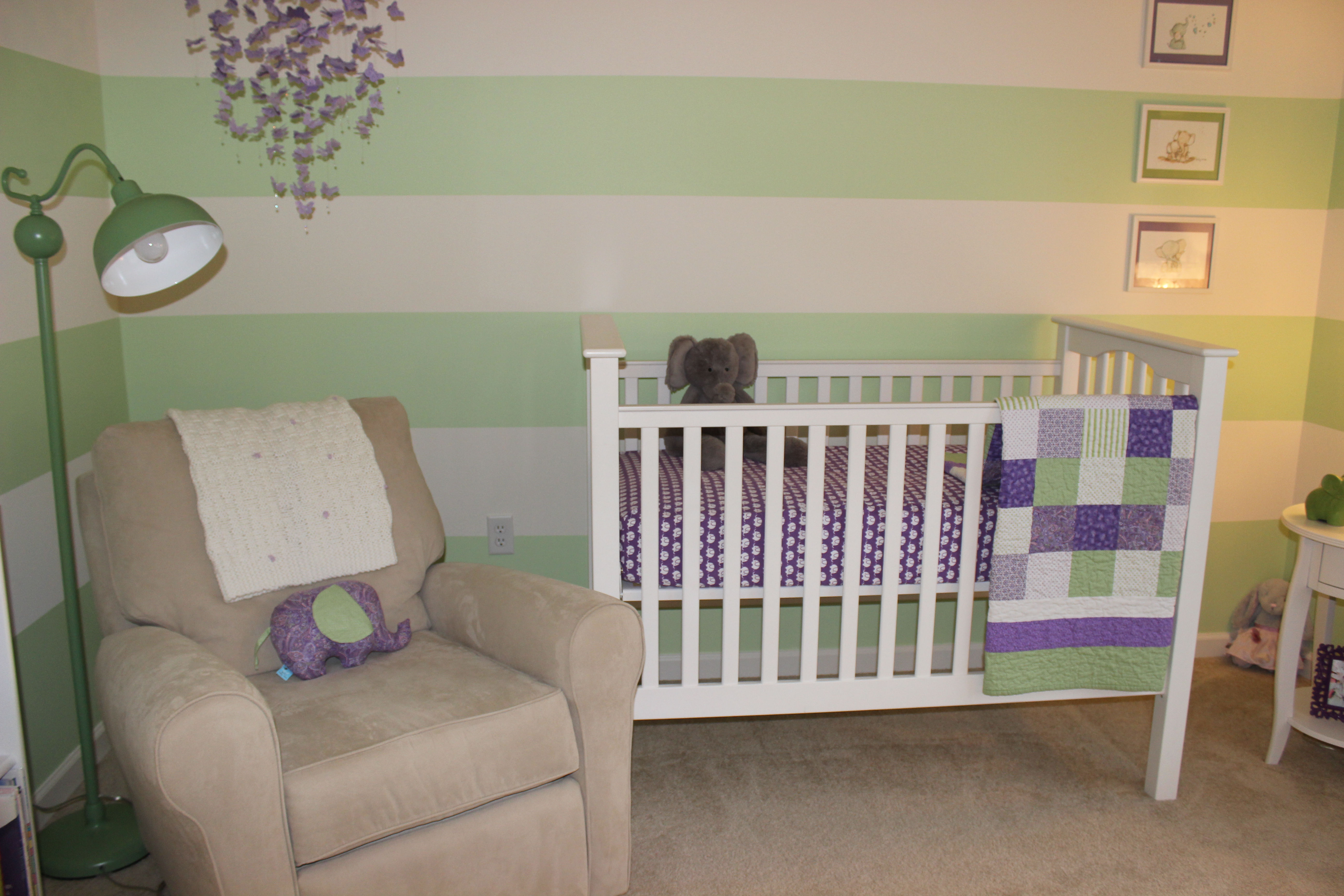 Green and Purple Girl Nursery Crib and Glider