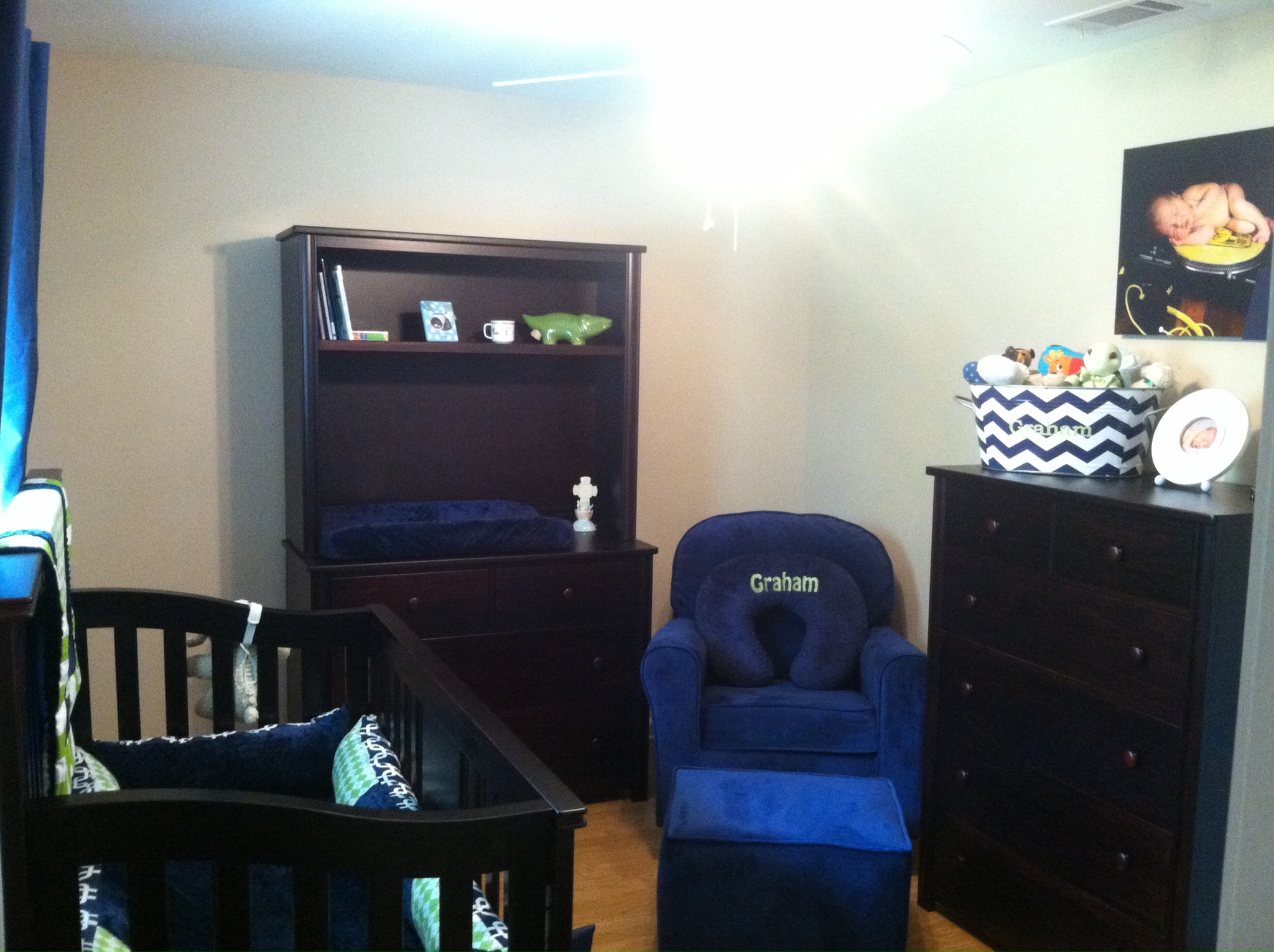 Boy Traditional Blue Nursery Glider and Bookshelf