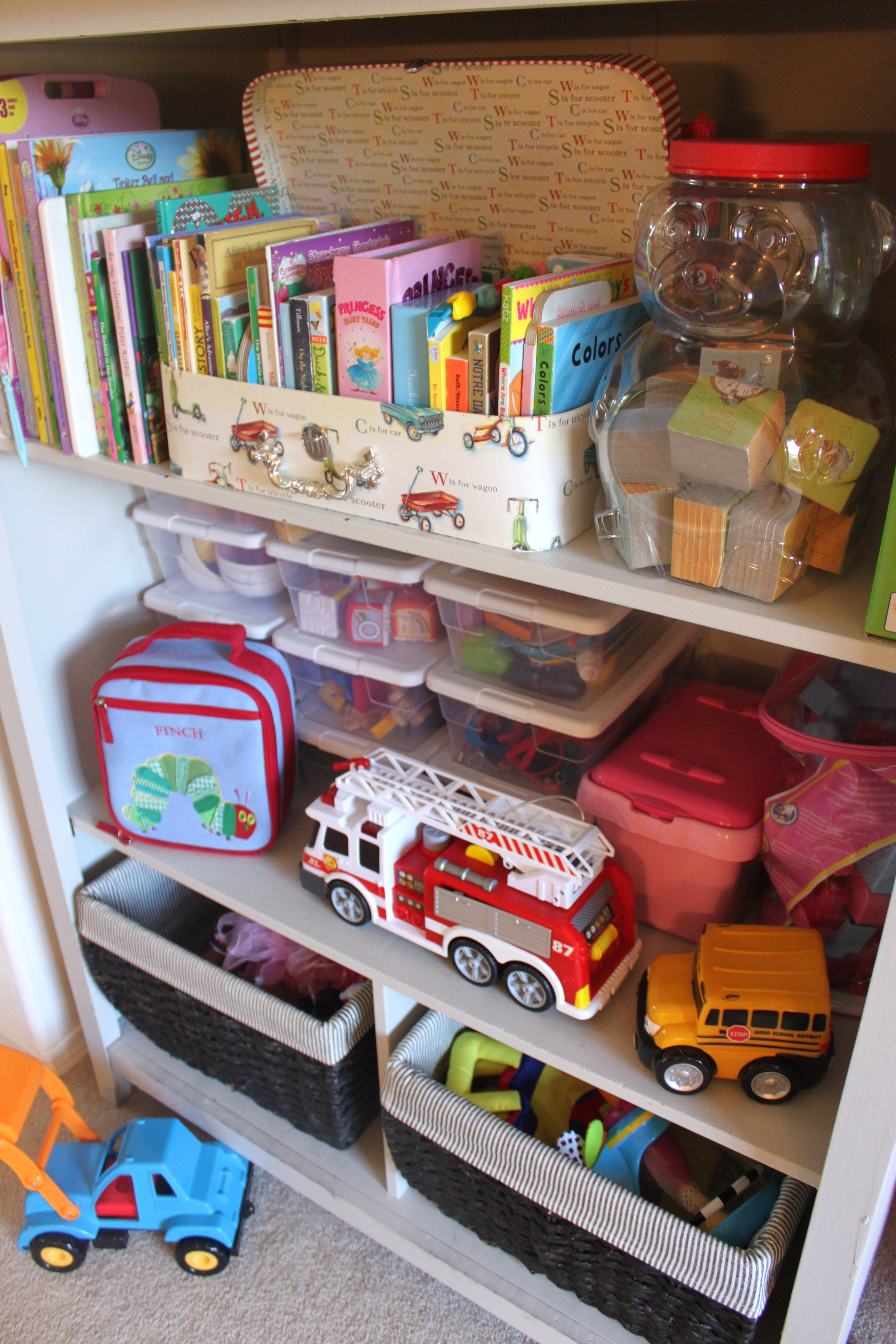 Vintage Chic Playroom Bins Up Close