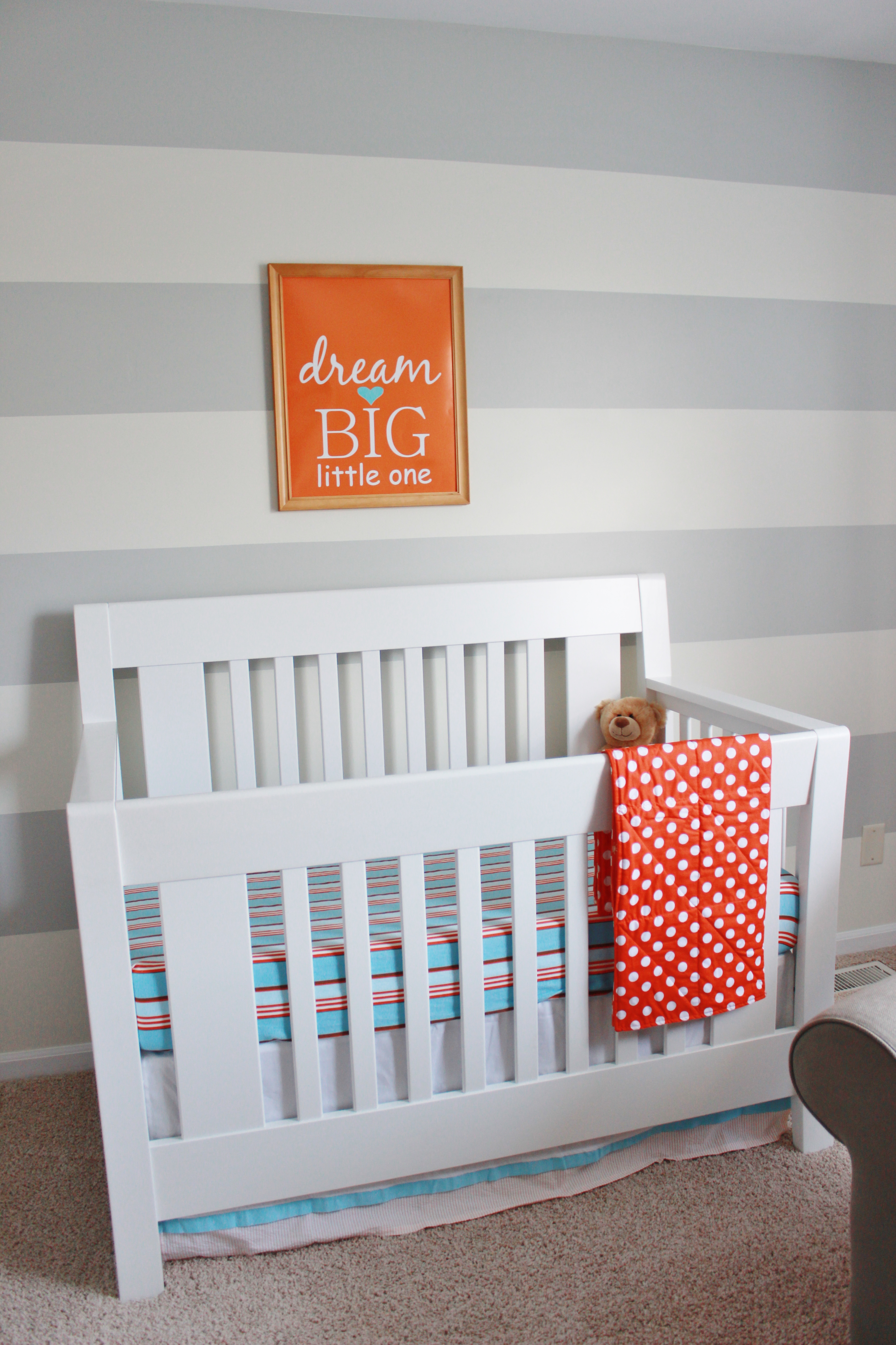 Gray Striped Orange and Aqua Nursery Crib View