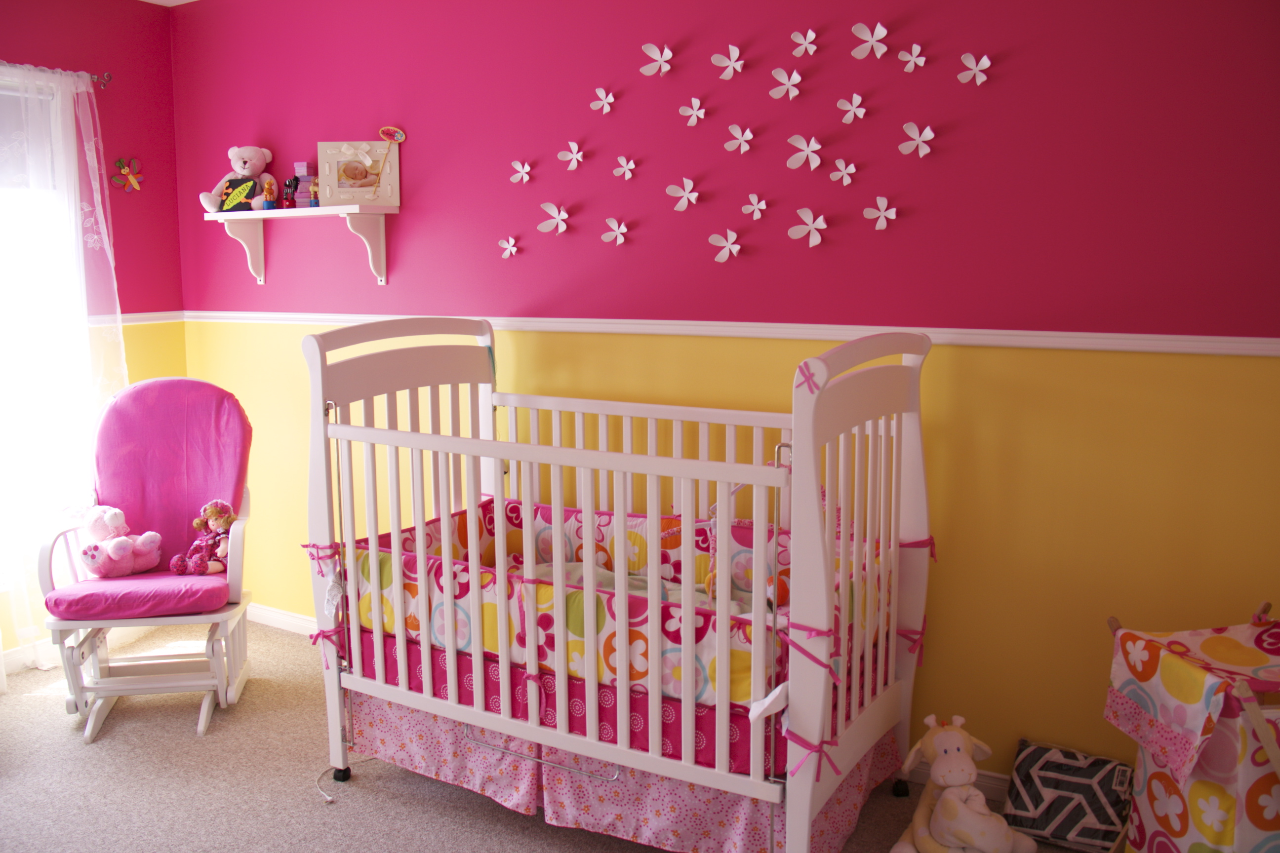 Pink and Yellow Girl Nursery Crib View