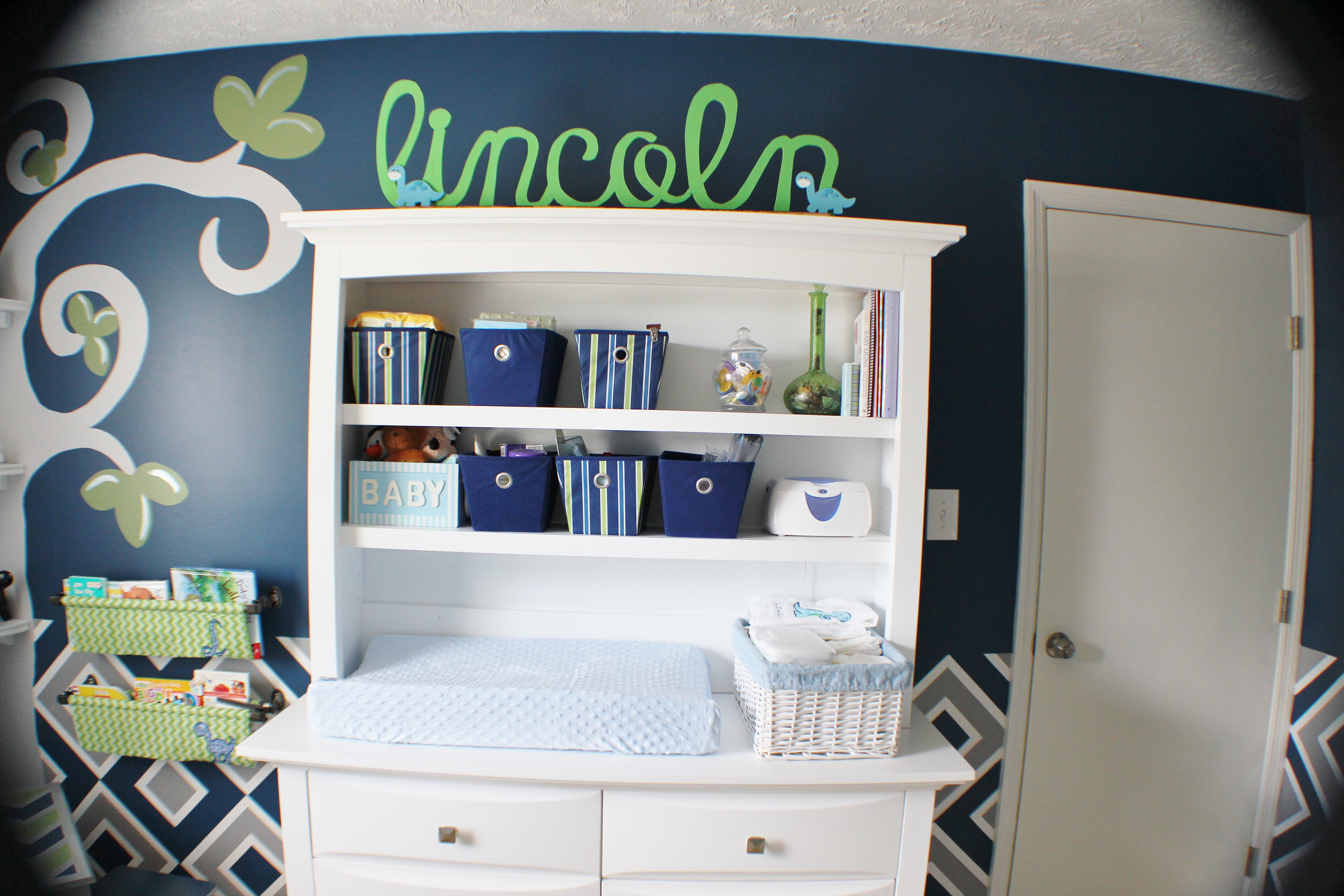 Boy Navy and Green Chevron Nursery Changing Table/ Hutch