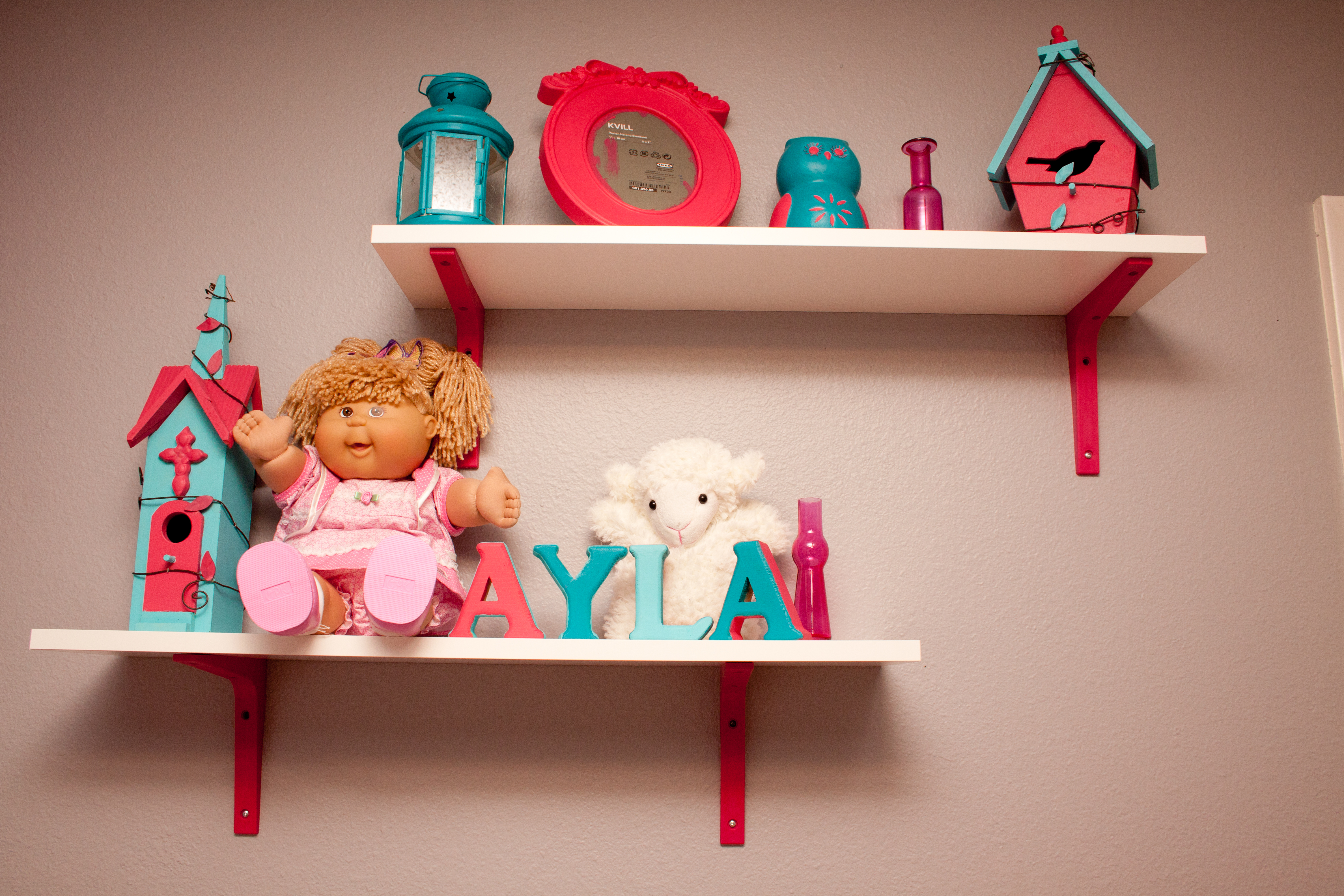 Girl Gray, Pink, and Turquoise Nursery Bookshelves