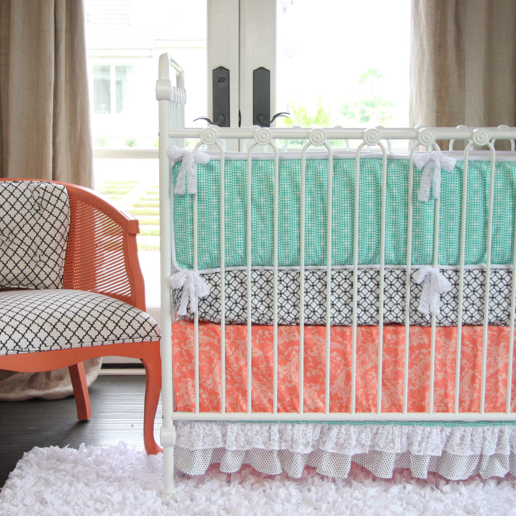 Caden Lane Crib Bedding Set Aqua and Coral